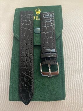 Rolex Black Croc-Pattern Leather Watch Strap with Silver Buckle 22mm